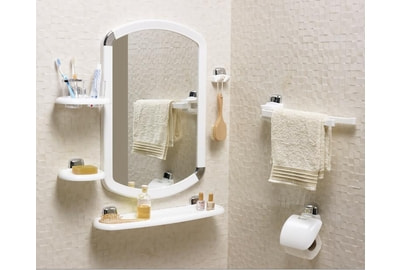 Зеркальный набор (зеркало, полка, мыльница, крючок, полотенцедержатель, стакан для зубных щеток и пасты, бумагодержатель) - фото товара 1 из 1